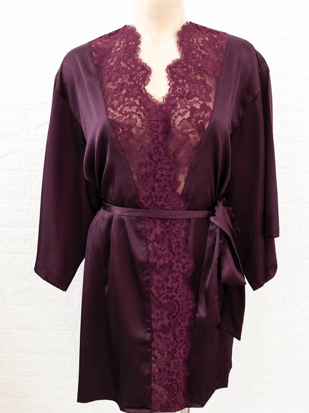 Like New La Senza Satin Robe with Lush Lace Trim in Plum Colour